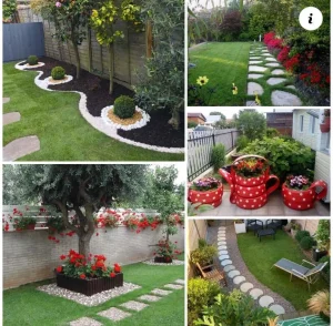 Landscaping inspiration collage with stone paths and flower arrangements