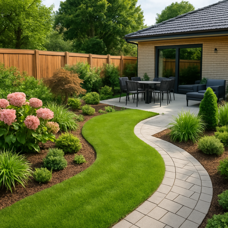 Beautiful landscaped backyard in Oakleigh East with a lush green lawn, vibrant plants, and modern patio furniture.